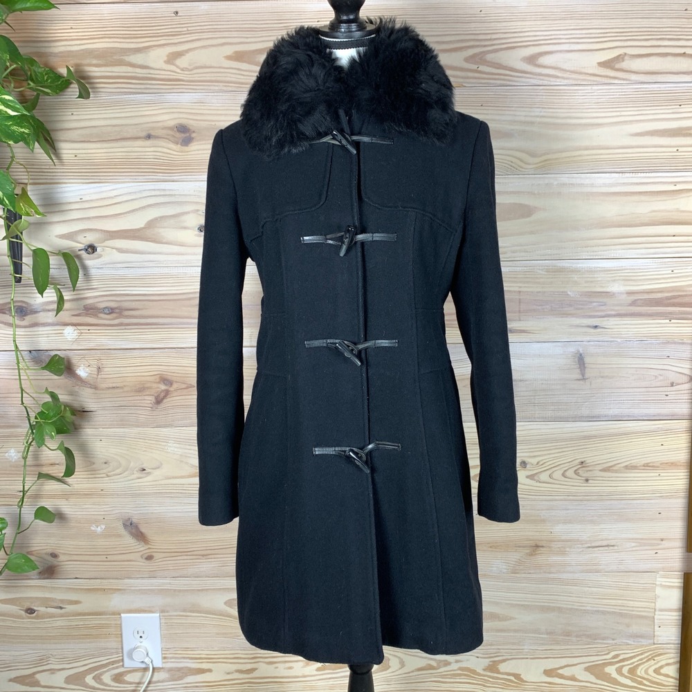 Vtg Banana Republic Toggle Coat Women‎ M Black Wool Shearling Collar Y2K
